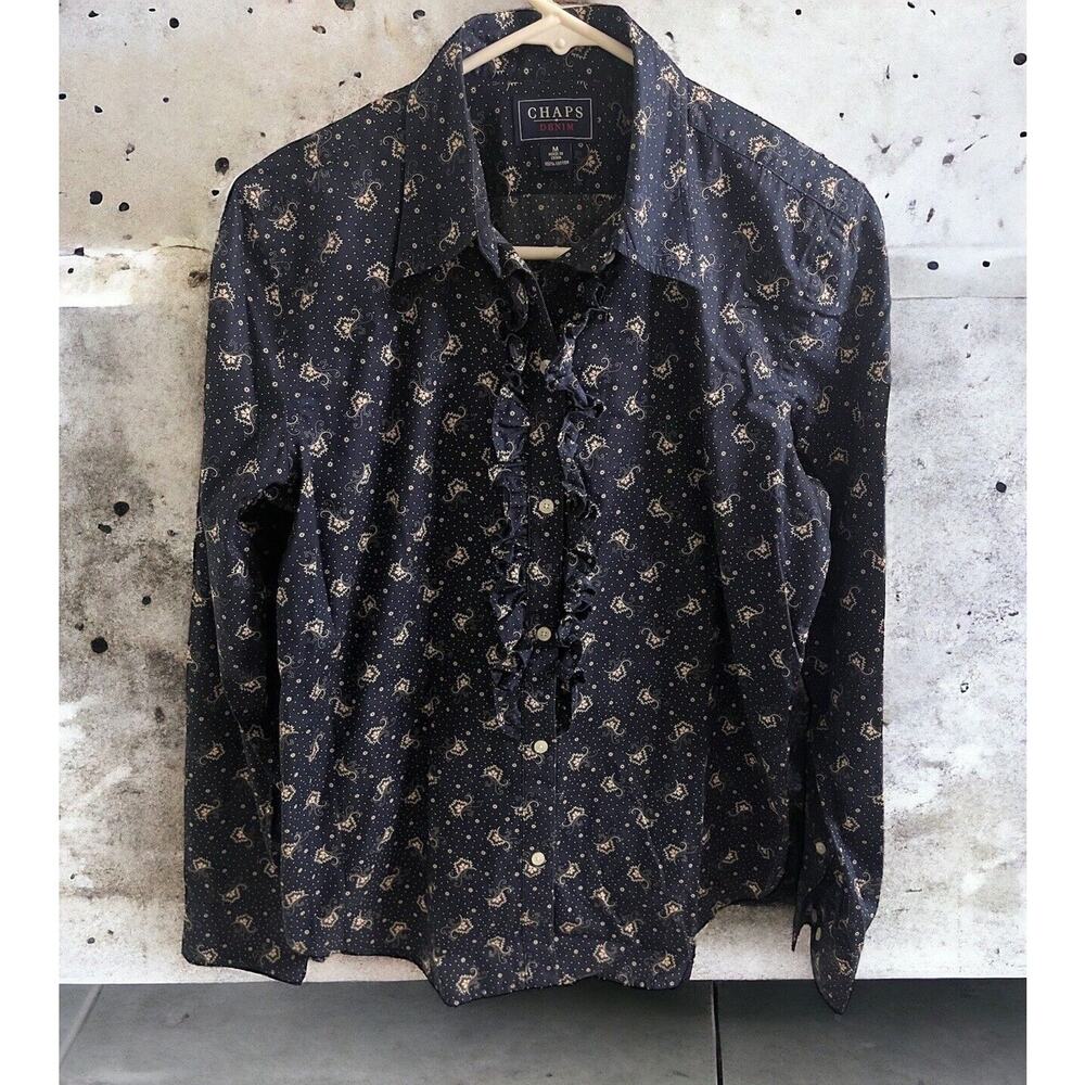 Chaps Denim Women's SIZE Medium Blue Paisley Ruffled Front Long Sleeved Shirt